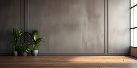 empty modern living room interior with window, grey concrete wall mock up in natural grey tones