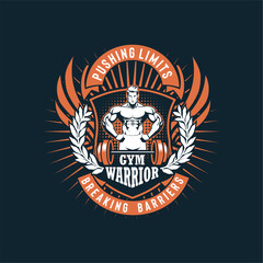 Vector Pushing Limits Gym Warrior Emblem Tshirt Design Dark Background
