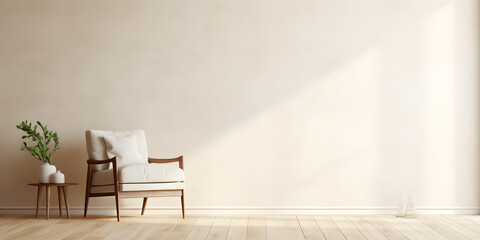 empty room interior in modern loft style house with armchair table and plant on plain blank white wall