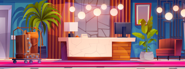 Obraz premium Modern hotel lobby interior design. Vector cartoon illustration of large hall with computer monitor on reception desk, creative illumination, armchair, baggage trolley, elevator door, green plants