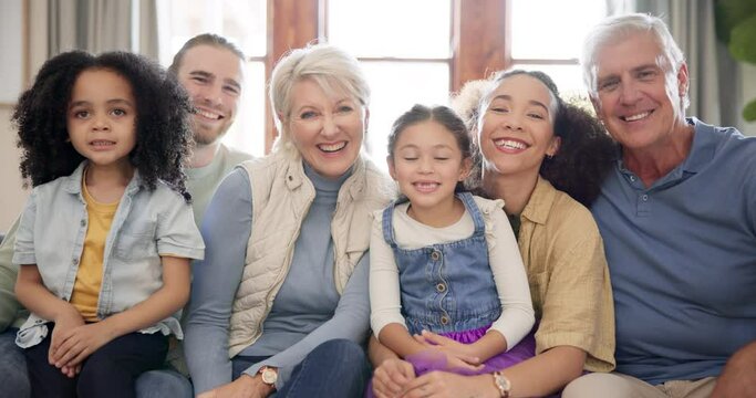 Portrait of interracial family, generations with happiness and love, grandparents with parents and children at home. Care, support and smile, women and men with girl kids, bonding and time together