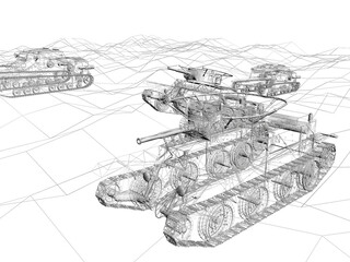 battle tank on sand  ,3d rendering wireframe