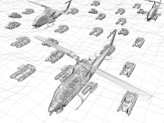 3d rendering wireframe  of Helicopter with tank