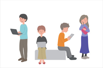 パソコンを持って仕事をする人々のイラスト