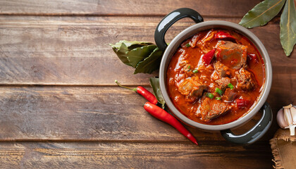 Pot of hungarian goulash on rustic wood background with chili peppers and laurel and copy space