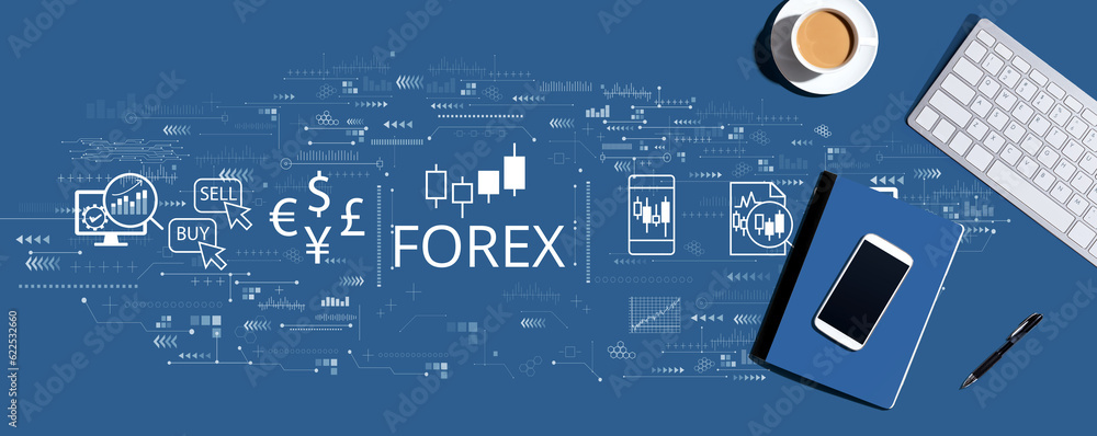 Poster forex trading concept with a computer keyboard and office items