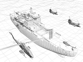 warship on the sea with helicopter, 3d rendering wireframe