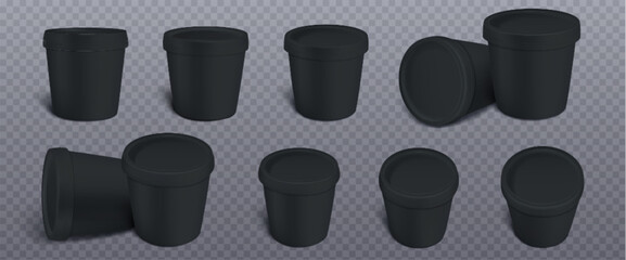Realistic set of black food containers isolated on transparent background. Vector illustration of 3D ice cream or yogurt bucket mockup with blank surface ready for branding. Paper tub for meal storage