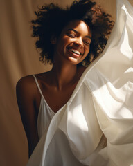 Close up of a joyful African American young woman laughing with a light brown color background. Generative AI