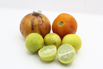 vegetable and fruit on white background, closeup of photo