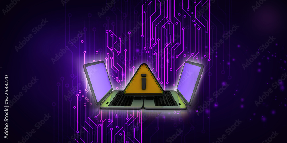 Poster 3d rendering laptop with exclamation sign