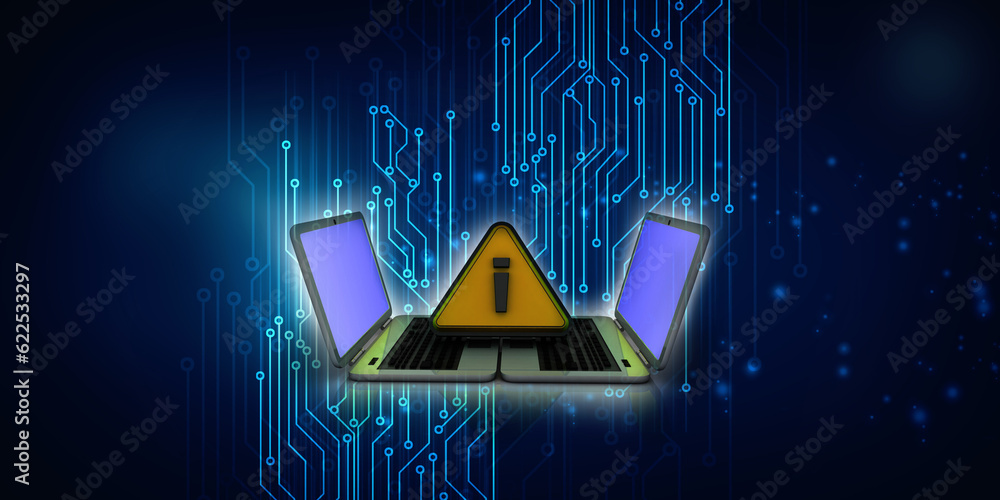 Poster 3d rendering laptop with exclamation sign