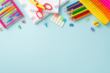 Explore the wonders of education for young learners: top view photo showcasing an assortment of...