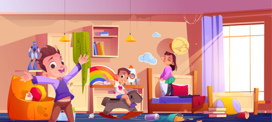Excited children playing in messy room. Vector cartoon illustration of active little boys and girl running, riding rocking horse, jumping on bed. Litter and food leftovers on floor, cobweb on ceiling