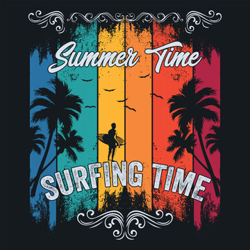 Summer Time Surfing Time, Shady Beach Summer T-shirt Design Vector, Family Vacation T-shirt Design Graphic, Summer Sun Watermelon T-shirt Design,