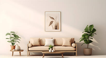 modern living room with sofa plants and picture frame on wall