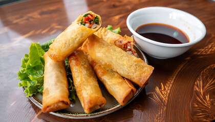 Crispy golden fried vegetable spring rolls with fresh ingredients served with soy and sweet and sour sauce in an oriental restaurant