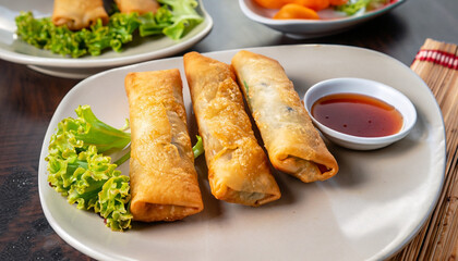 Crispy golden fried vegetable spring rolls with fresh ingredients served with soy and sweet and sour sauce in an oriental restaurant