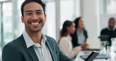 Face, business and Asian man with a tablet, meeting and planning with digital software, smile and website information. Portrait, male person and employee with staff, technology and online reading
