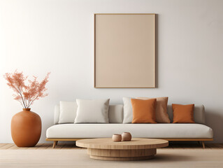 Mockup living room interior with sofa coffee table and plant on empty white wall background poster frame mock up