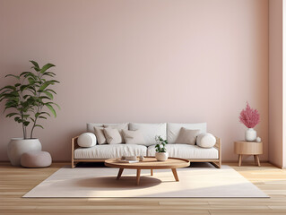 Fototapeta na wymiar Mockup living room interior with sofa coffee table and plants on empty pink wall background mock up