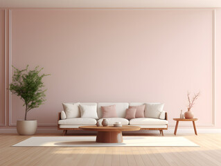 Fototapeta na wymiar Mockup living room interior with white sofa table and plant on empty pink wall background mock up