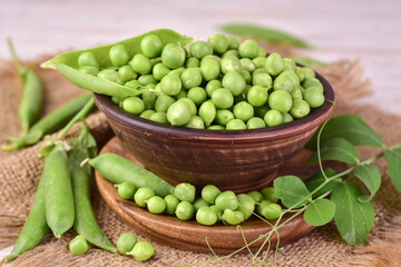 Fresh green peas in a clay bowl.Close-up.
