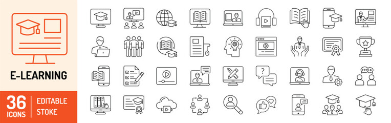 e-Learning editable stroke outline Icons set. E-Learning, online education, global education, distance learning, e-book, online test, webinar, teacher and graduation. Vector illustration