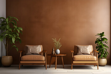 modern minimalistic living room interior mockup empty brown wall with chairs and side table and plants, mock up background