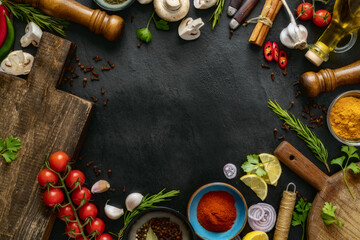 Frame of cooking ingredients background. Various spices, fresh vegetables, herbs, mushrooms and olive oil on dark stone table with copy space top view. Healthy food