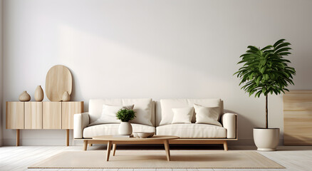 modern living room interior with sofa and plants on floor, empty wall tv mock up