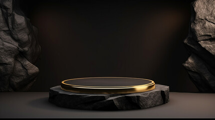 3D empty gold black podium background with a pedestal stage, luxury podium for product presentation