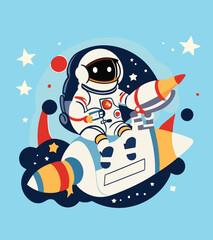 Astronaut riding rocket in the space, vector cartoon illustration