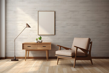 modern room interior with armchair desk and lamp, empty poster frame mock up