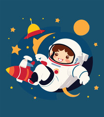 Cute astronaut boy riding space rocket. Flat vector cartoon design