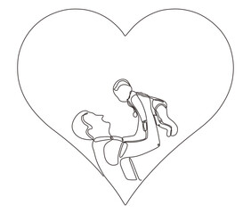 Continuous single drawn one line dad tosses a toddler by hand with love symbol. Laugh together with baby. Happy playing with his baby. parents day vector.
