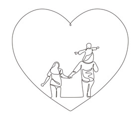 One line drawing of father mother and daughter in flying plane action pose in love symbol. Parents and father day single line art vector illustration