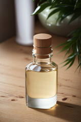 Naklejka premium 3D realistic skincare glass bottle on wooden table. Beauty blogging, salon treatment concept, minimalism brand packaging.