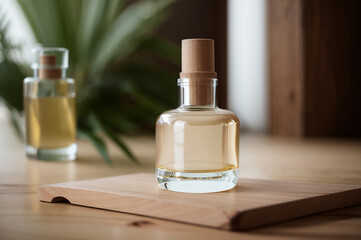 3D realistic skincare glass bottle on wooden table. Beauty blogging, salon treatment concept, minimalism brand packaging.