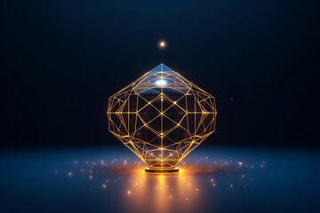 Sophisticated 3D wireframe display of Ramadan and Islamic symbols with elegant religious architecture on a black backdrop, encapsulating luxury and modernity. Generative AI