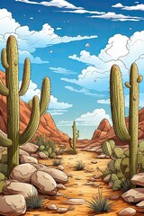 Foreground rocks, cactus; background, blue sky, white clouds, few. (Generative AI)