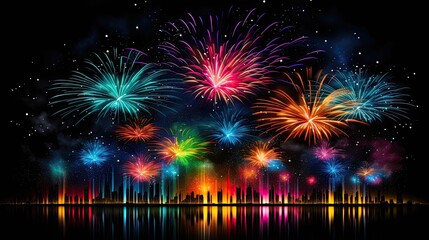 The night sky explodes with colorful fireworks against black. (Illustration, Generative AI)