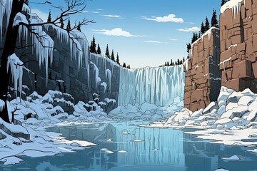 A big icy waterfall beside a waterbody. (Illustration, Generative AI)