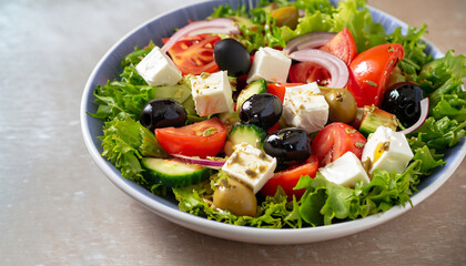 Individual side serving of delicious fresh Greek salad with feta cheese, olives, tomatoes and salad greens