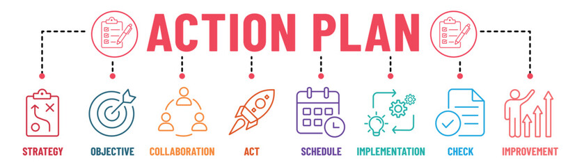 Action plan infographic banner editable stroke icons set. Action, planning, strategy, tasks, goal, collaboration and analysis. Vector Illustration