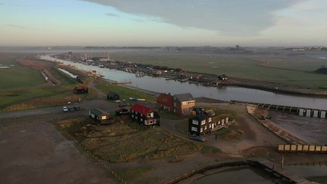 Drone footage of Walberswick harbour, suffolk in early morning mist.