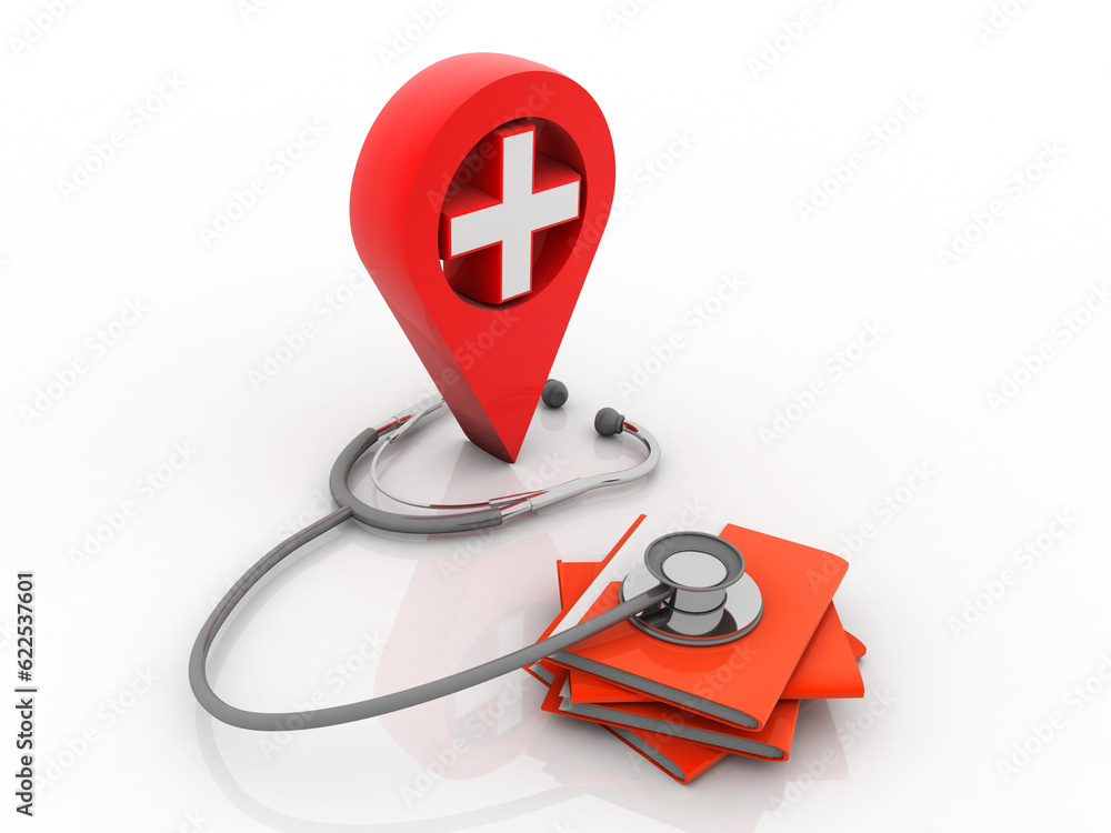 Poster 3d rendering hospital navigation with folder connected stethoscope