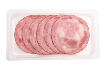round pieces of ham in plastic packaging on white background, pork ham cut into slices, packaging template mockup collection
