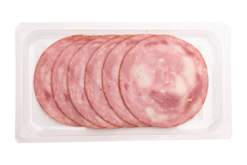 round pieces of ham in plastic packaging on white background, pork ham cut into slices, packaging template mockup collection