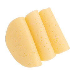 folded slices of cheese isolated on white background, round sliced of gouda cheese laid out to create layout, cheese cut into pieces
